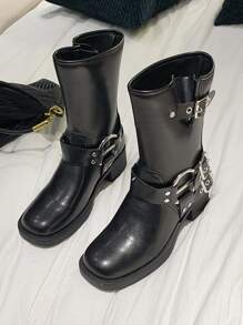 Punk Combat Boots For Women, Buckle Decor Outdoor Fashion Boots - Black - View 4
