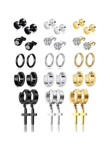15對/套不銹鋼交叉合頁耳環適合男人及女人,顏色 - 銀色黑色金色15對套裝 - 查看 1