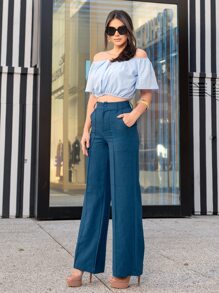 Calça Pantalona Social De Linho Wide Leg Cintura Alta detalhes em botão lare Estilosa Moda Blogueira Cores Moda - Azul petróleo - Visão 5