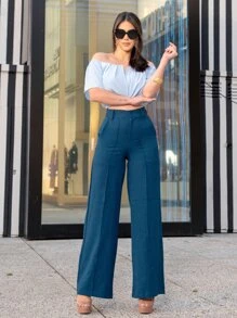 Calça Pantalona Social De Linho Wide Leg Cintura Alta detalhes em botão lare Estilosa Moda Blogueira Cores Moda - Azul petróleo - Visão 1