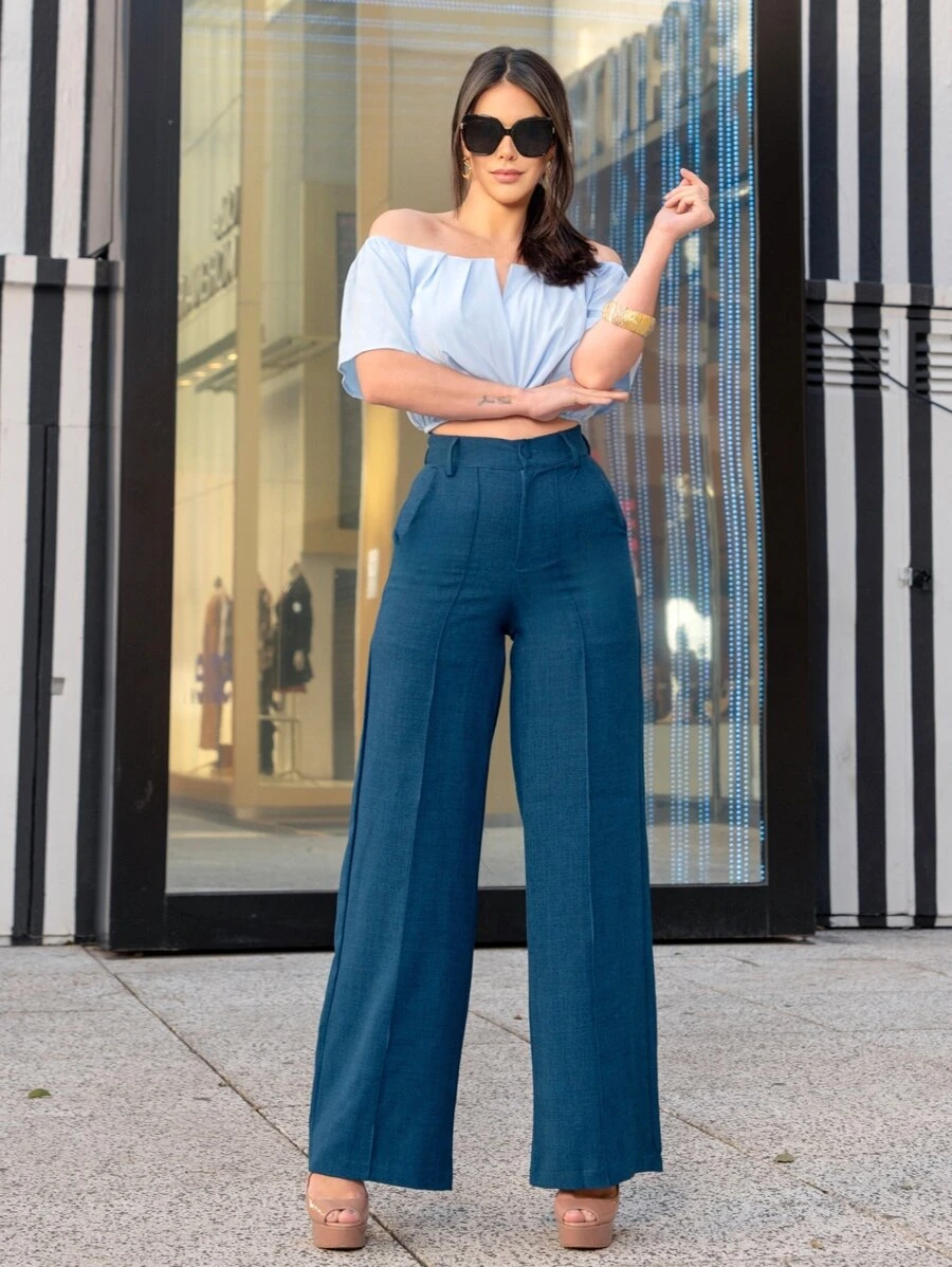 Calça Pantalona Social De Linho Wide Leg Cintura Alta detalhes em botão lare Estilosa Moda Blogueira Cores Moda - Azul petróleo - Visão 1