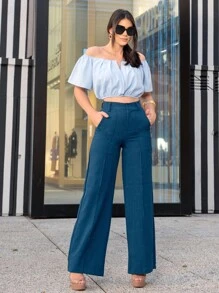 Calça Pantalona Social De Linho Wide Leg Cintura Alta detalhes em botão lare Estilosa Moda Blogueira Cores Moda - Azul petróleo - Visão 3