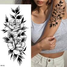 8 grande flor Tatuajes temporales para mujeres Chicas adultos , cuerpo arte falso brazo Etiquetas engomadas del tatuaje , impermeable negro flor Tatuaje Tatuajes temporales - Negro - Ver 4