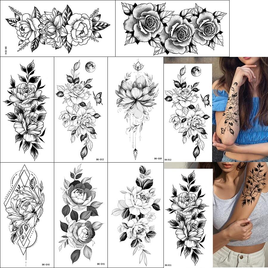 8 grande flor Tatuajes temporales para mujeres Chicas adultos , cuerpo arte falso brazo Etiquetas engomadas del tatuaje , impermeable negro flor Tatuaje Tatuajes temporales - Negro - Ver 1