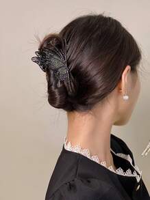 Butterfly Design Large Claw, Vintage Rhinestone Hair Claw Accessory, Suitable For Updos - Black - View 2