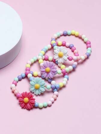 1入組花朵設計孩子們手環適用於女嬰,樹脂串珠手鏈在隨機色
