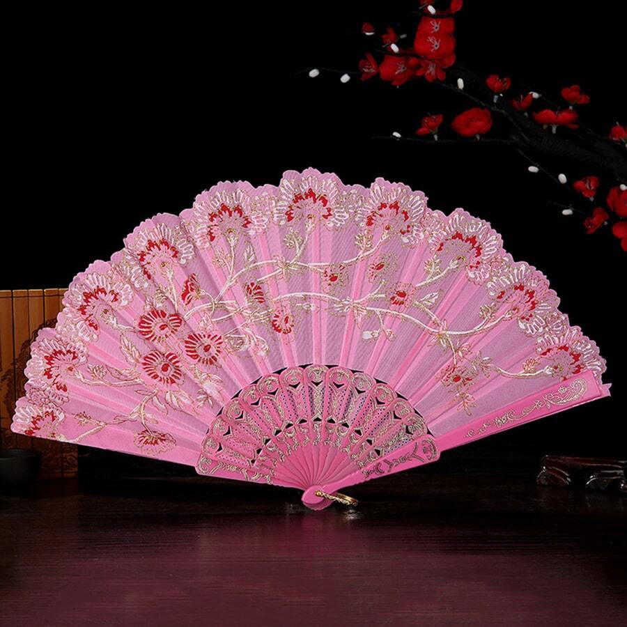 復古風格中國手掌折扇帶鍍金蕾絲邊 - 粉色 - 查看 1