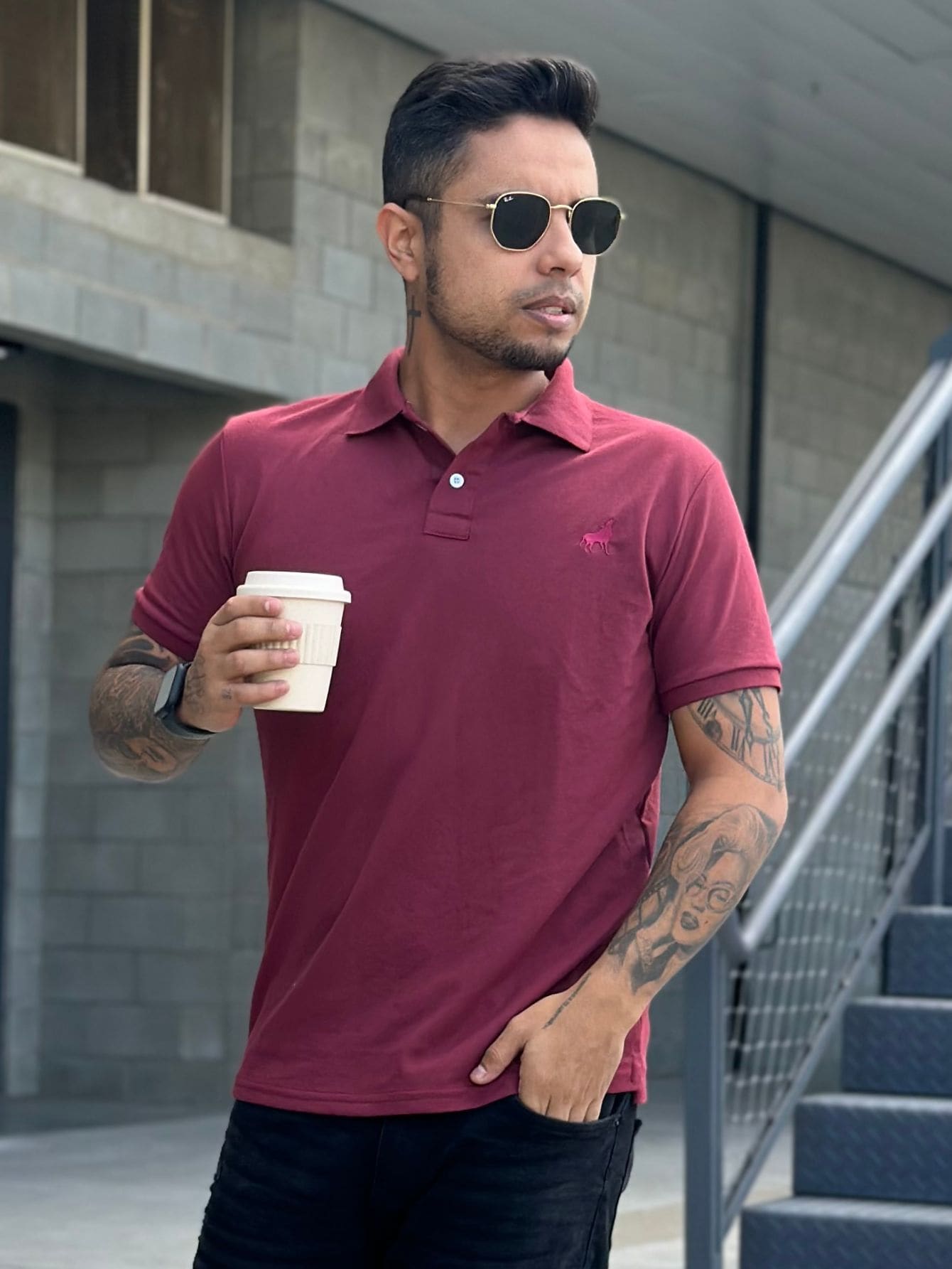 Men Polo Shirts - 酒紅色 - 查看 1