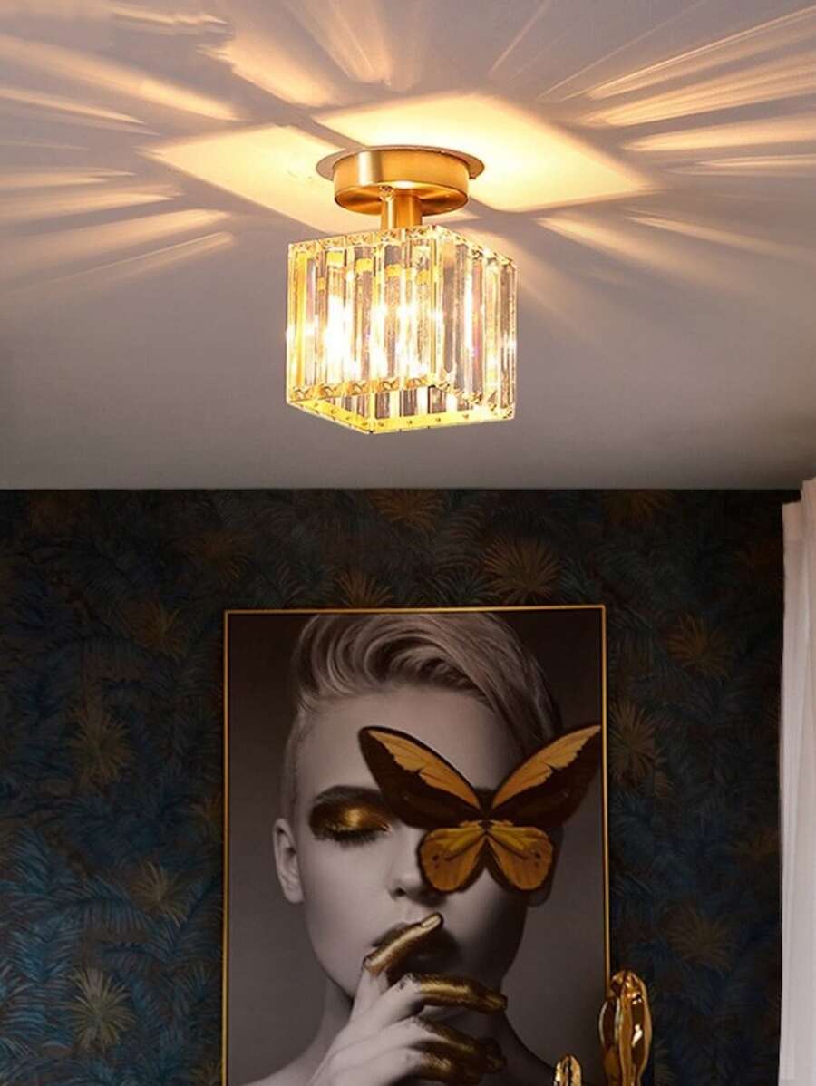 LED吸頂燈水晶燈罩黑金色客廳臥室現代方形裝飾吸頂燈E27（無燈泡） - 金色 - 查看 1