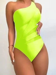 Summer Beach New Sexy Fashion Neon One Shoulder One-Piece Swimsuit Bathing Suit