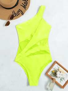 Summer Beach New Sexy Fashion Neon One Shoulder One-Piece Swimsuit Bathing Suit