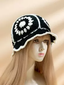 Boho 1pc Women's Y2k Hand-Knit Knitted Hat Suitable For Daily Wear And Travel Winter Fall - Black and White - View 1