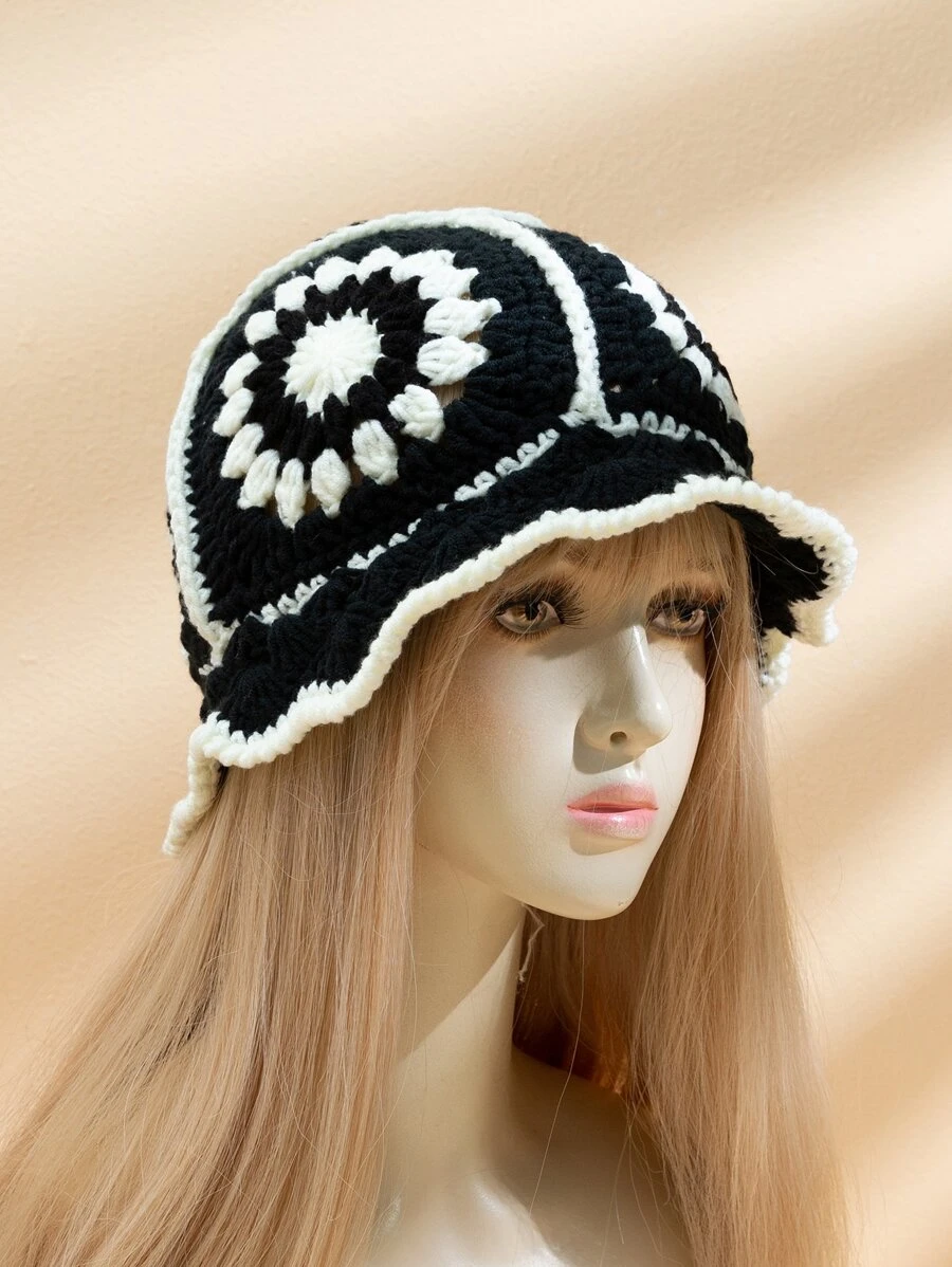 Boho 1pc Women's Y2k Hand-Knit Knitted Hat Suitable For Daily Wear And Travel Winter Fall - Black and White - View 1