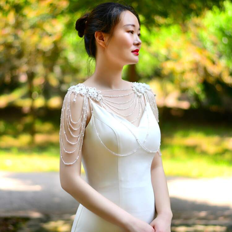 1 pieza Chal/Capa de boda con perlas para novia, ropa de otoño para mujer - Beis - Ver 2