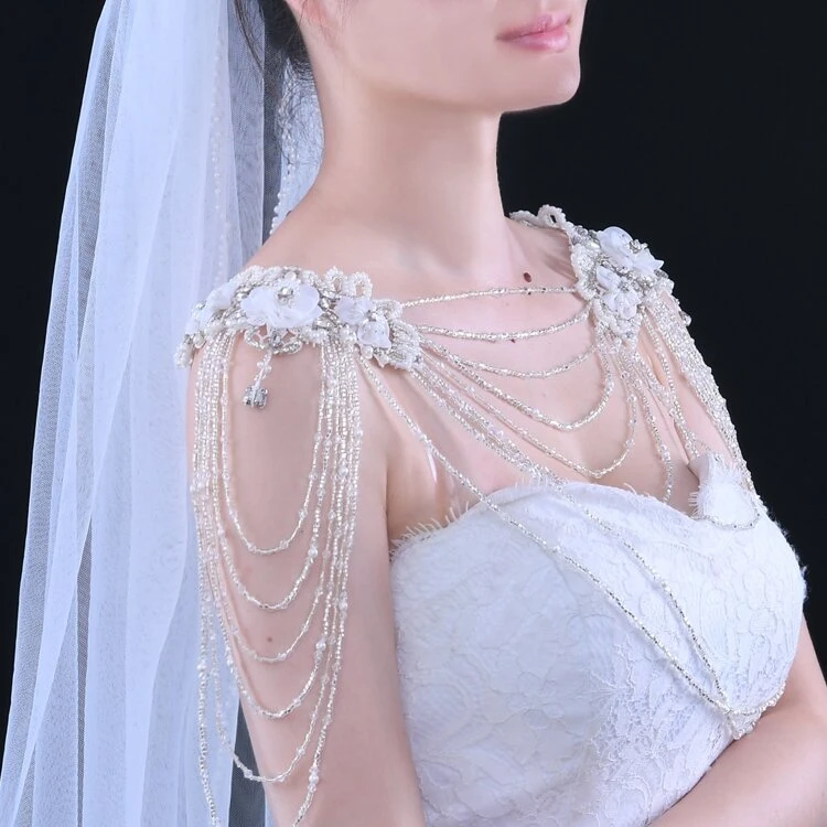 1 pieza Chal/Capa de boda con perlas para novia, ropa de otoño para mujer - Beis - Ver 5