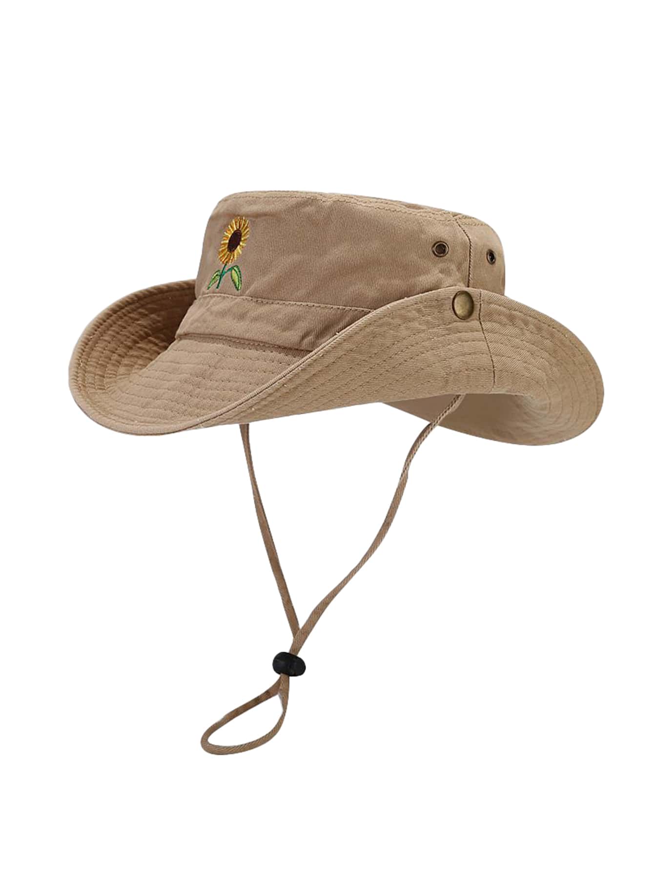 1pc Flower Embroidery Wide Eaves Bucket Hat Four Seasons Bucket Hat Outdoor Travel Sun Cap For Men And Women - Khaki - View 1