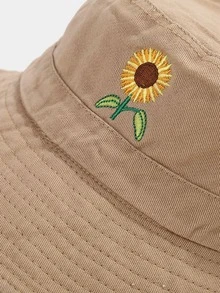 1pc Flower Embroidery Wide Eaves Bucket Hat Four Seasons Bucket Hat Outdoor Travel Sun Cap For Men And Women - Khaki - View 4