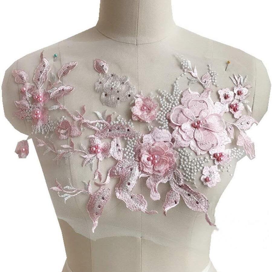 1pc 3d Beaded & Rhinestone & Embroidery & Lace Fabric Applique Patch For Bridal Dress Decoration - Pink - View 1