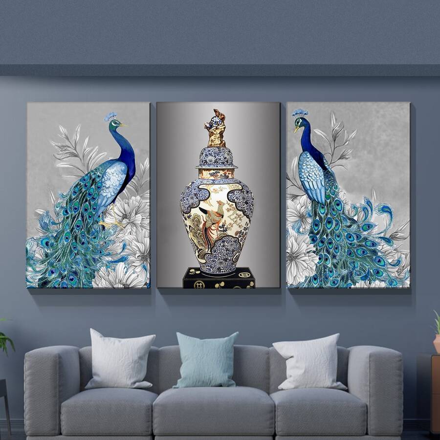 3 Panels Framed Canvas Wall Art Decor Peacocks with Flower Set of 3 Pieces, High-End Peacock Royal Noble Style Watercolor Canvas Painting for Living room, Bedroom Decor-Ready to Hang - SLT02 - 查看 1