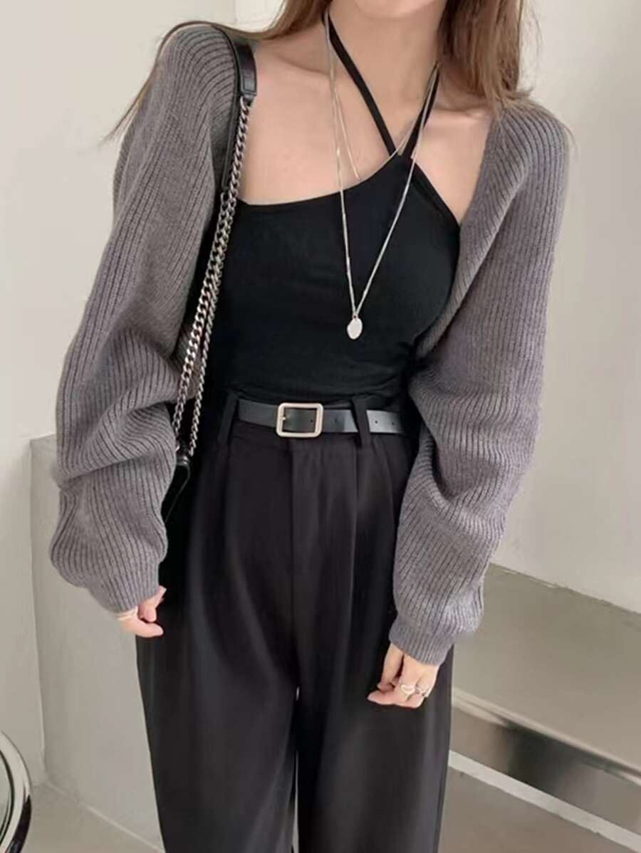 1pc Knitted Long Sleeve Shrug, Fashionable Slouchy Style Air Conditioned Room Shawl - Grey - View 1