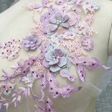1pc 3d Beaded Rhinestone Embroidery Lace Fabric Patch, Iron-on Applique For Bridal Dress Decoration