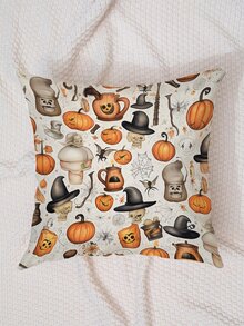 1 Vỏ gối trang trí họa tiết bí ngô Halloween (Không có ruột), Phong cách hoạt hình dễ thương Chất liệu Polyester siêu mềm Vỏ gối vuông trang trí, Thích hợp cho phòng ngủ, trang trí phòng khách, Halloween - Nhiều màu - Xem 4
