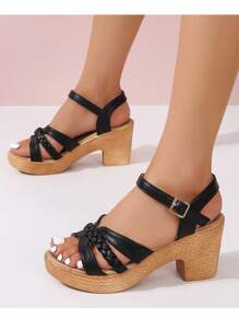 Giày sandal đế xuồng đế dày cho nữ, giày sandal La Mã đế dày chống thấm nước mùa hè mới, đế bện nhập khẩu, đế dày và mũi tròn, cỡ lớn - màu đen - Xem 1