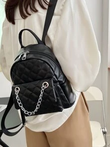 Fashion Mini Chain Decorated Backpack Versatile Quilted Classic Backpack Lightweight, Portable, Classic, Casual For Teen Girls Women College Students, Rookies & White-Collar Workers College, Work, Business, Commute, Outdoors, Travel, Outings, Shopping, Holiday, Office, School Backpack - Black - View 2
