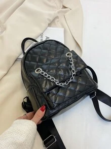 Fashion Mini Chain Decorated Backpack Versatile Quilted Classic Backpack Lightweight, Portable, Classic, Casual For Teen Girls Women College Students, Rookies & White-Collar Workers College, Work, Business, Commute, Outdoors, Travel, Outings, Shopping, Holiday, Office, School Backpack - Black - View 4