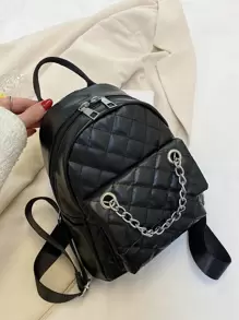 Fashion Mini Chain Decorated Backpack Versatile Quilted Classic Backpack Lightweight, Portable, Classic, Casual For Teen Girls Women College Students, Rookies & White-Collar Workers College, Work, Business, Commute, Outdoors, Travel, Outings, Shopping, Holiday, Office, School Backpack - Black - View 5