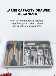 Expandable Cutlery Drawer Organizer,Adjustable Cutlery Tray,  Drawer Dividers Organizer for Silverware, Flatware Drawer Tray for Silverware, Serving Utensils, Multi-Purpose Storage for Kitchen, Office, Bathroom Supplies - Grey - View 2