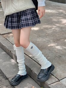 1pair Women's Long Knit Leg Warmer Thick And Warm Knitted Pile Leg Warmers For Autumn And Winter, Japanese School Style - White - View 6