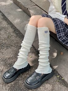 1pair Women's Long Knit Leg Warmer Thick And Warm Knitted Pile Leg Warmers For Autumn And Winter, Japanese School Style - White - View 5