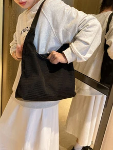 編織紋理質感流浪包女士夏天2023新款時尚托特包休閒大容量單肩包腋窩包 - 黑色 - 查看 4