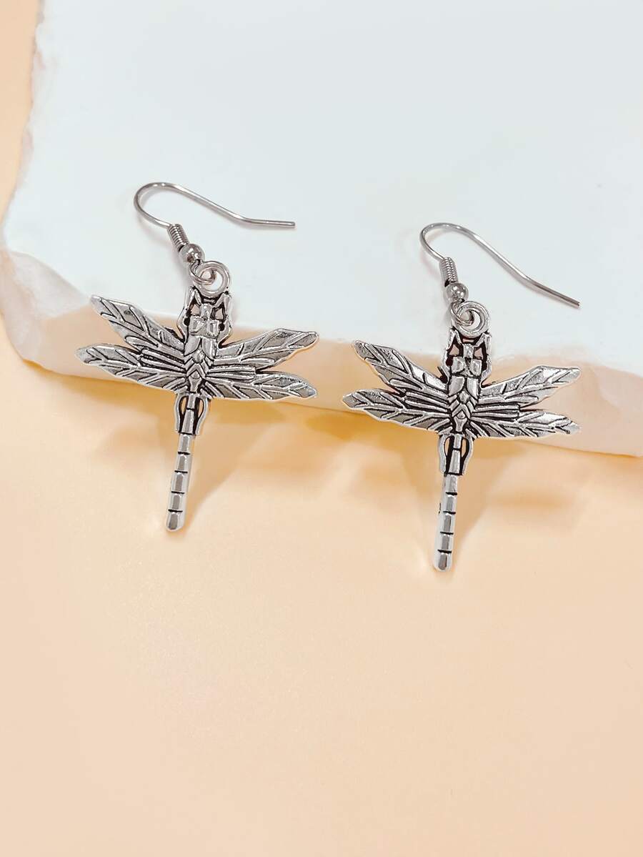1對復古銀色昆蟲蜻蜓形搖擺耳環,中空蝴蝶翅膀設計,女性朋克風格,裝飾性禮物 - 銀色 - 查看 1
