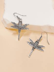 1對復古銀色昆蟲蜻蜓形搖擺耳環,中空蝴蝶翅膀設計,女性朋克風格,裝飾性禮物 - 銀色 - 查看 3