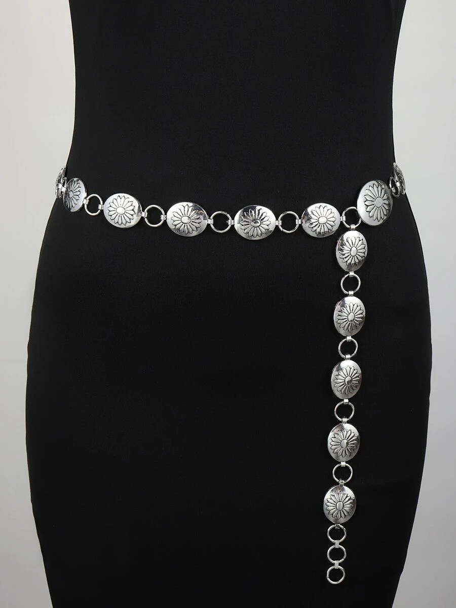 1 Miếng Màu bạc Retro Thiết kế hoa Kim loại Dây chuyền thắt lưng - Bạc - Xem 1