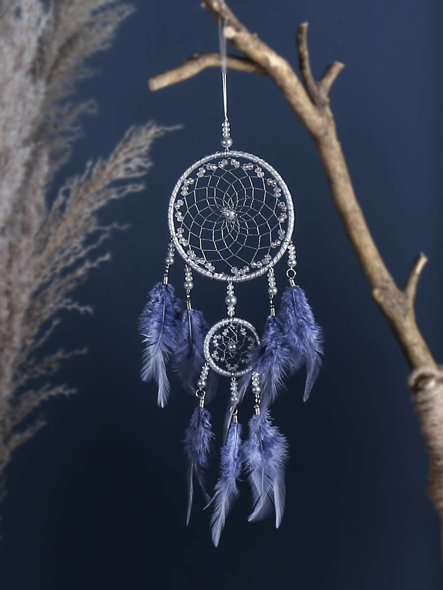 1 件原创风格手工编织捕梦网，染成灰色，天然公鸡羽毛，双环挂饰，家居壁挂，开学季礼物，万圣节，幽灵，秋季，假日，节日，家居装饰，房间装饰，墙面装饰，学校装饰，学校惊喜宿舍装饰，返校