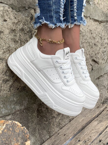 女性休閒運動步行鞋帶厚鞋底和增加高度,人造皮革 - 白色 - 查看 6