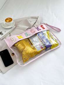 Women's Large Transparent Embroidery Thread Letter Clutch Wristlet, Organizer Bag, Snack And Wet/Dry Separation Pouch - Pink - View 5