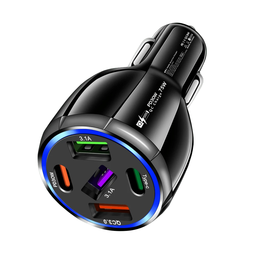 75W Fast Charging One Drag Five 3USB+2PD Car Mobile Phone Charger Five