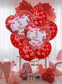 7pcs/set Valentine's Day Proposal, Wedding, Confession Scene Decoration Kit With Red Heart Latex & Aluminum Foil Balloons Printed With 'te Amo' In Spanish - Red - View 1