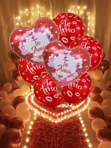 7pcs/set Valentine's Day Proposal, Wedding, Confession Scene Decoration Kit With Red Heart Latex & Aluminum Foil Balloons Printed With 'te Amo' In Spanish - Red - View 2