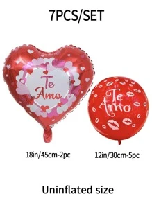 7pcs/set Valentine's Day Proposal, Wedding, Confession Scene Decoration Kit With Red Heart Latex & Aluminum Foil Balloons Printed With 'te Amo' In Spanish - Red - View 3
