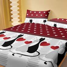 1pc Fashionable And Simple Cat & Heart Shaped Single Fitted Sheet - Multicolor - View 3