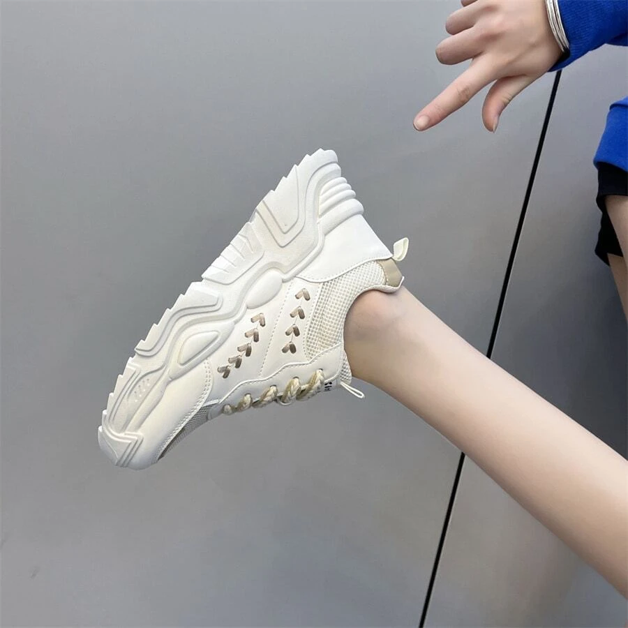 Women's Platform Sneakers With Mesh Upper - Beige - View 1