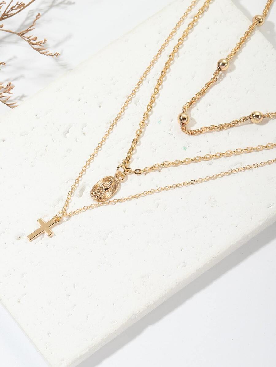 1pc Simple & Fashionable Three-layered Cross Pendant Necklace With Jesus Detail For Women, Party Daily Jewelry - Yellow Gold - View 1