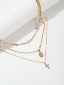 1pc Simple & Fashionable Three-layered Cross Pendant Necklace With Jesus Detail For Women, Party Daily Jewelry - Yellow Gold - View 3