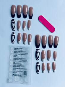 Instantly Upgrade Your Look With 24Pcs Long Tube Armour Black And White Color, Heart Pattern, Black And White Fingertips Full Cover False Nail For Women And Girls Press On Nails Nail Supplies Nails