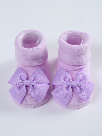 1入組素色防滑地板襪帶蝴蝶結裝飾適用於女嬰,公主風中筒襪